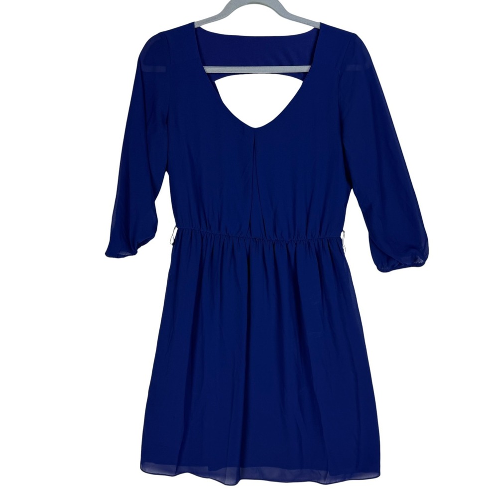 By & By Dress Womens Small Blue Sheer Lined Scoop‎ Neck Keyhole Back Cocktails
